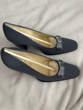 Prada Navy Blue Satin Square Toe Pumps with Crystal Accent